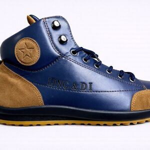 Ling & Di Sport Men’s Mid Top Boots Blue Brown Leather Suede Size 10.5 Est